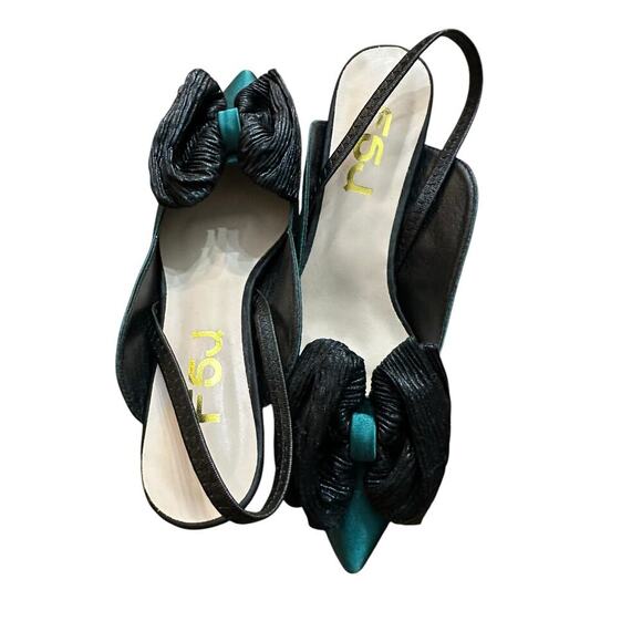FSJ Green Satin Pointed Toe Low Heel Black Bow Slingback Pump Heels Size 7 - Picture 4 of 11